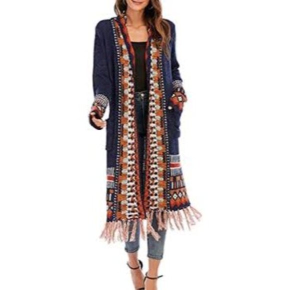 CCC Bohemian Aztec Tribal Print Knit Cardigan Fringe Multicolor Pattern Sweater - Picture 2 of 12